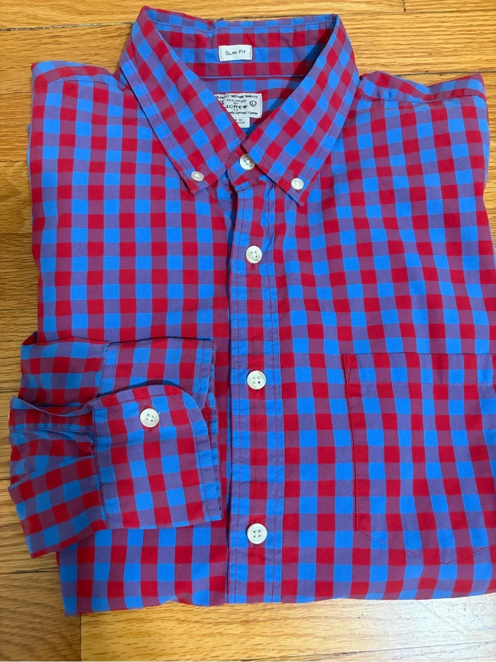 J. Crew Slim Fit Red Blue Gingham  Plaid Button Down Shirt Men’s Quality Woven L